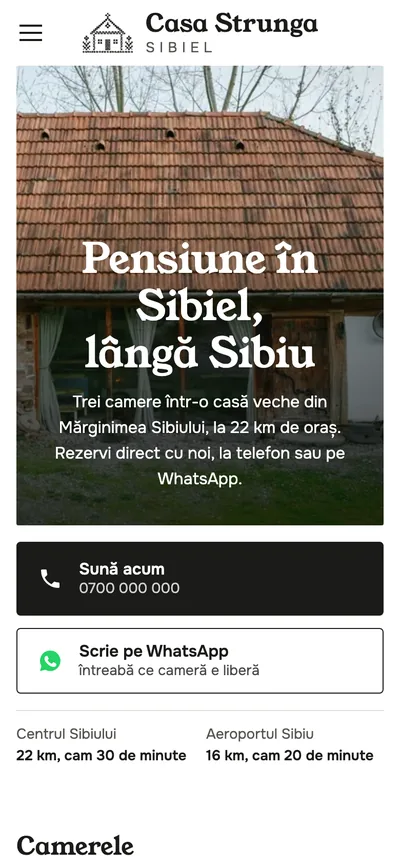 Site-ul pensiunii Casa Strunga, pe telefon